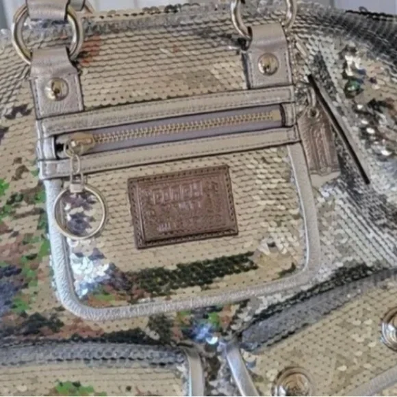 Auth Coach Poppy Silver Sequin Spotlight Tote Bag Medium Great Condition Vintage - Picture 13 of 17